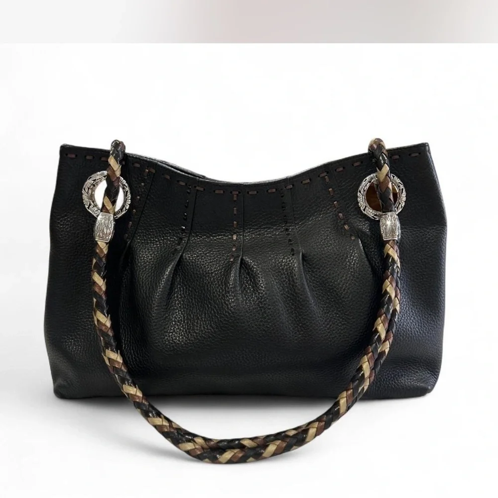 BRIGHTON Black Pebbled Leather Slouchy Hobo Bag Braided Strap Boho Silver-tone